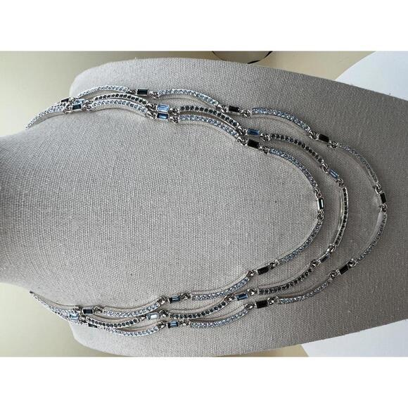 Napier Jewelry - Napier Triple Strand Silver Tone Necklace with Blue and Black Rhinestones  E4